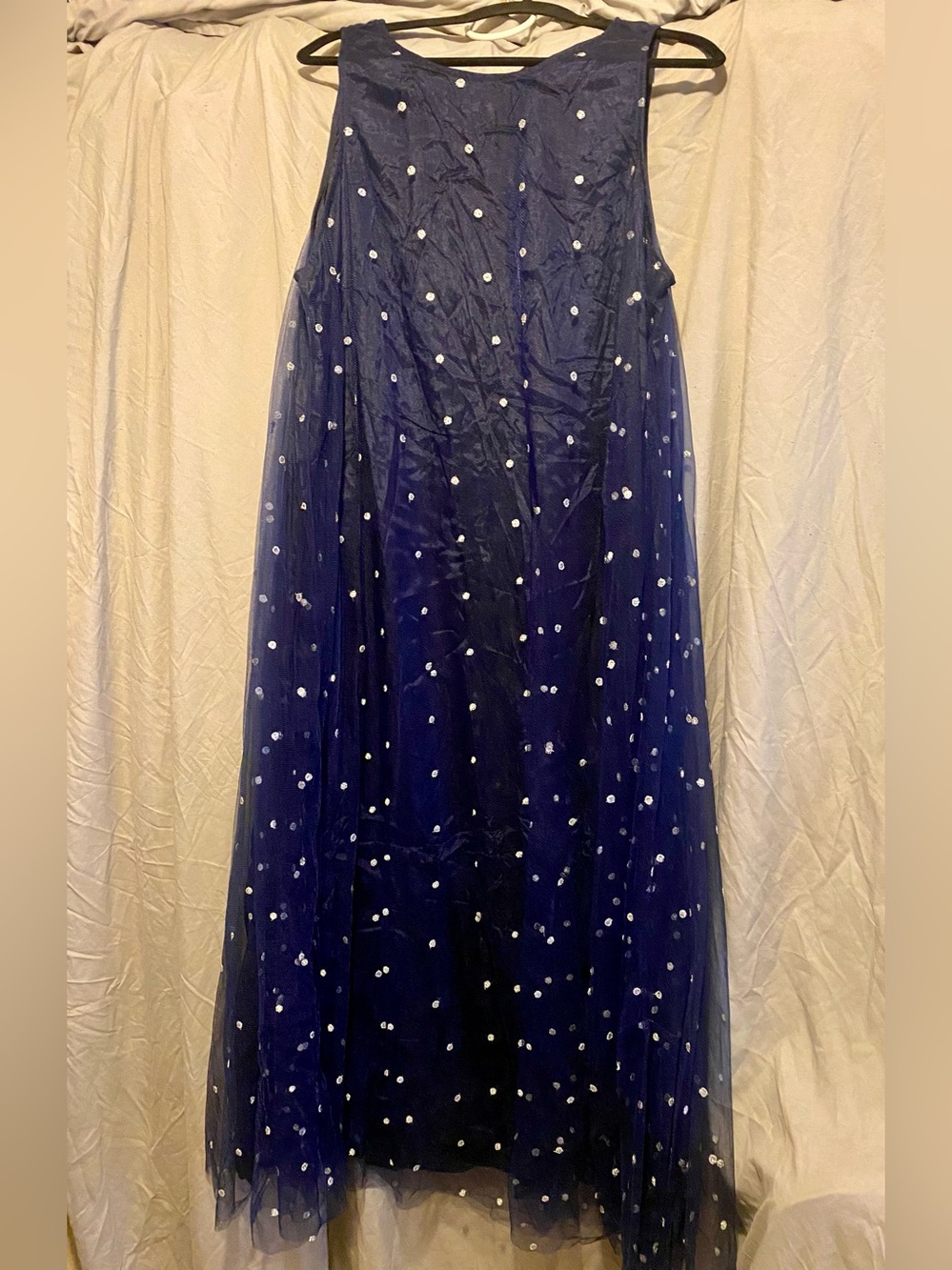 Anthropologie Geisha Designs Navy Polka Dot Overlay Maxi Dress